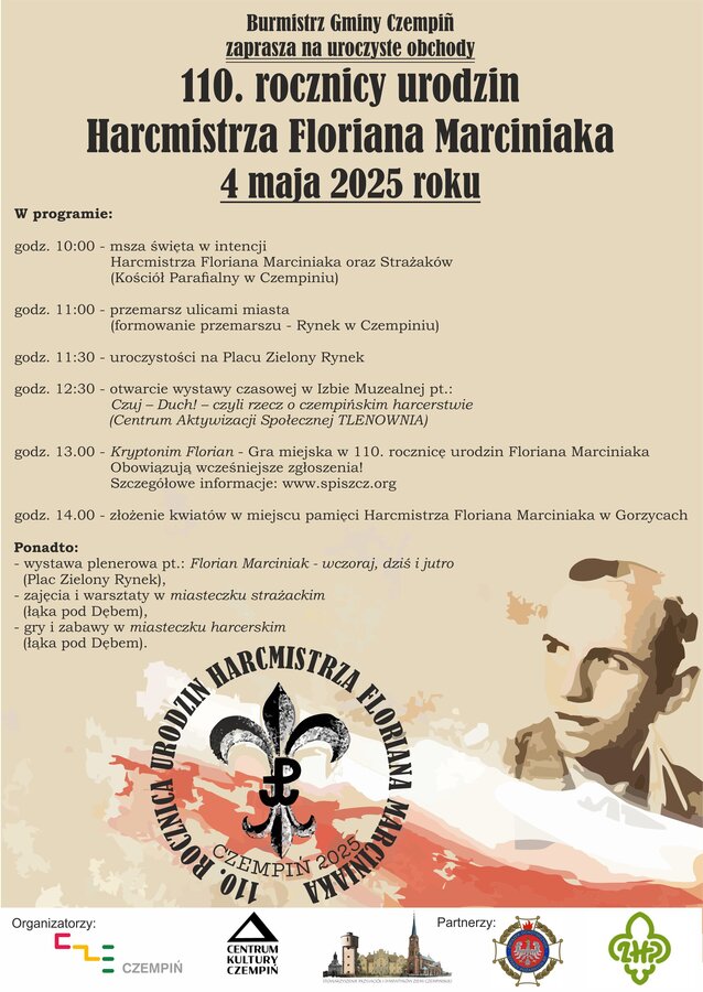 Zaproszenie na obchody 110. rocznicy urodzin Harcmistrza Floriana Marciniaka 